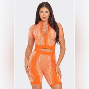 Orange/White Jacquard Front Zip Up MockNeck Short Sleeve CropTop Biker Short Set